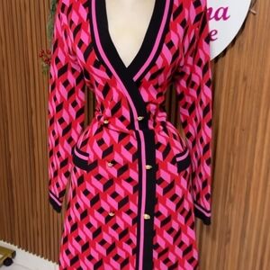 New York & Company Pink and Black Long Sleeve Dress